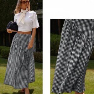 New 2026 Black White Plaid Gingham Flowy Basque Waist Skirt Medium